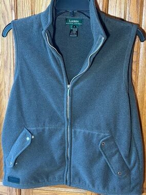 Vtg Lauren Ralph Lauren Green Fleece Zip-Front Vest flap pockets size small